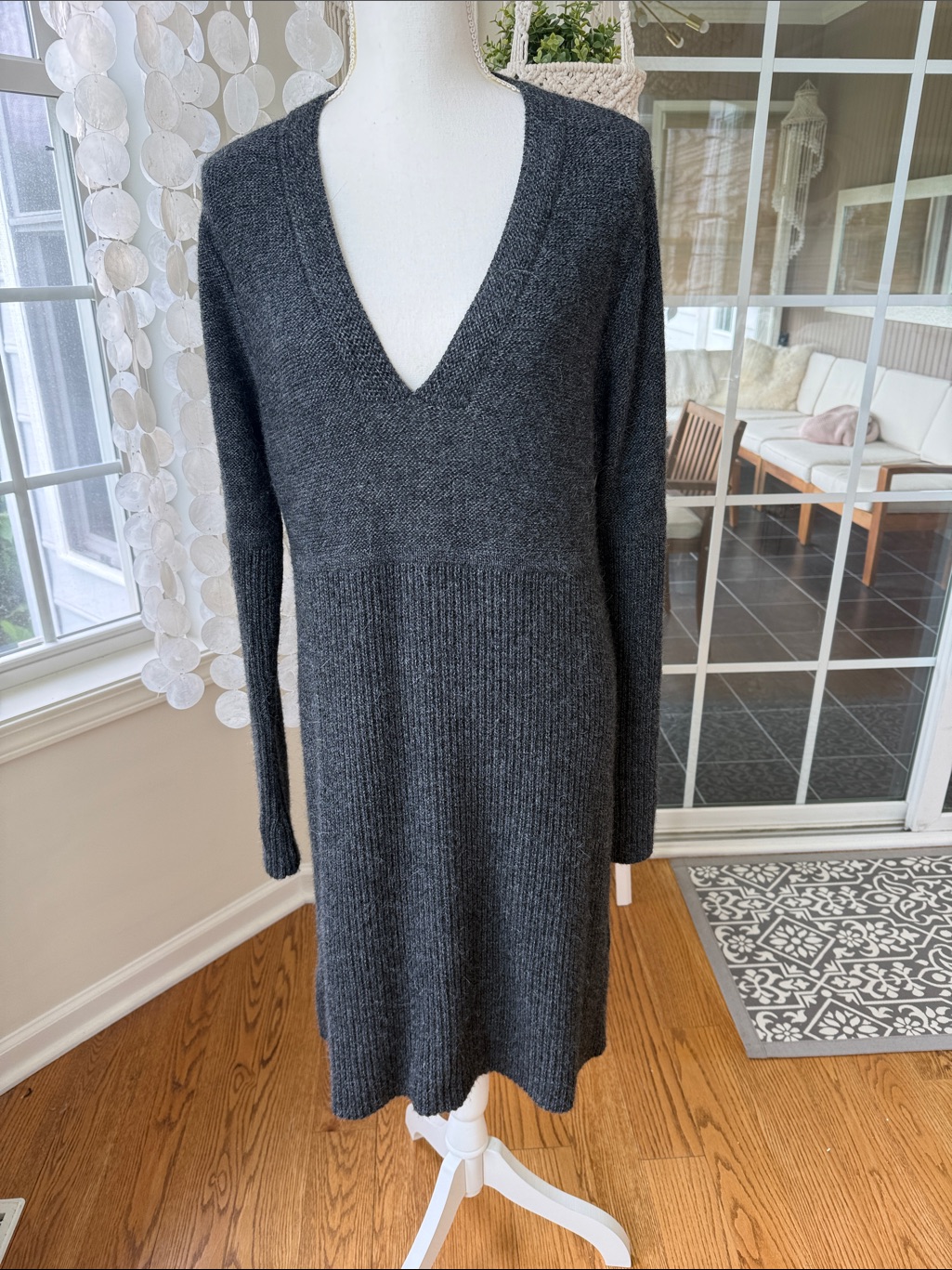North Face Alpaca Wool Charcoal V-Neck Ribbed Knit Sweater Dress